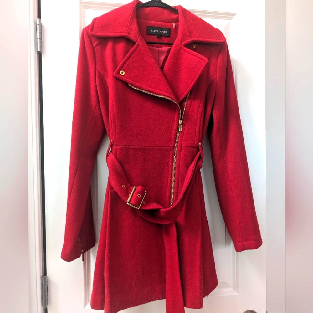 Red peacoat with gold accents